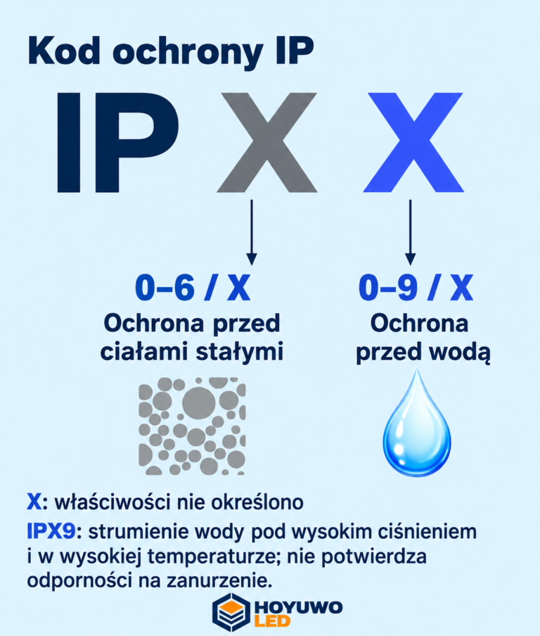 Kod IP: ochrona przed ciałami stałymi i wodą, cyfry lub X