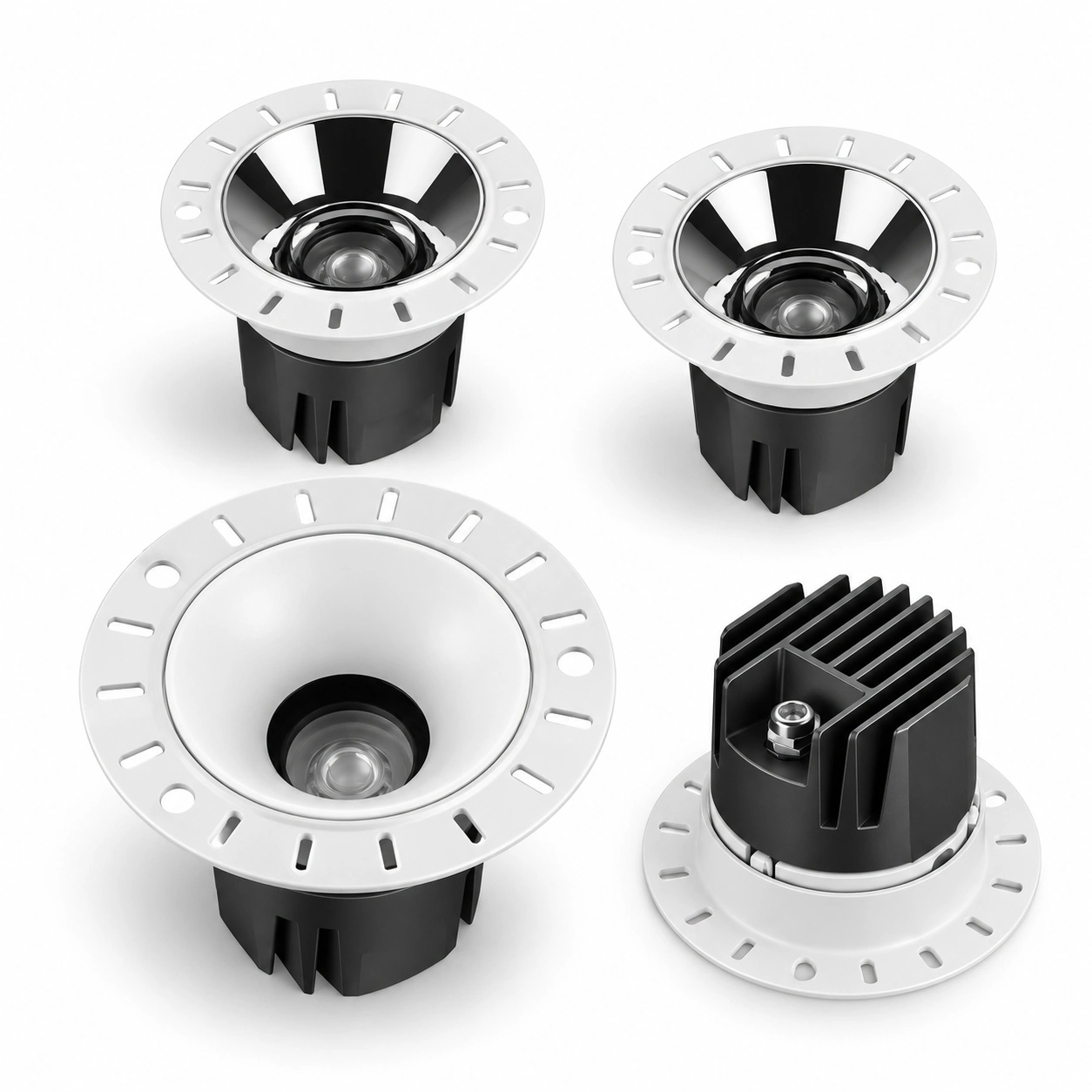 trimless downlight white and silver fronts with black rear view