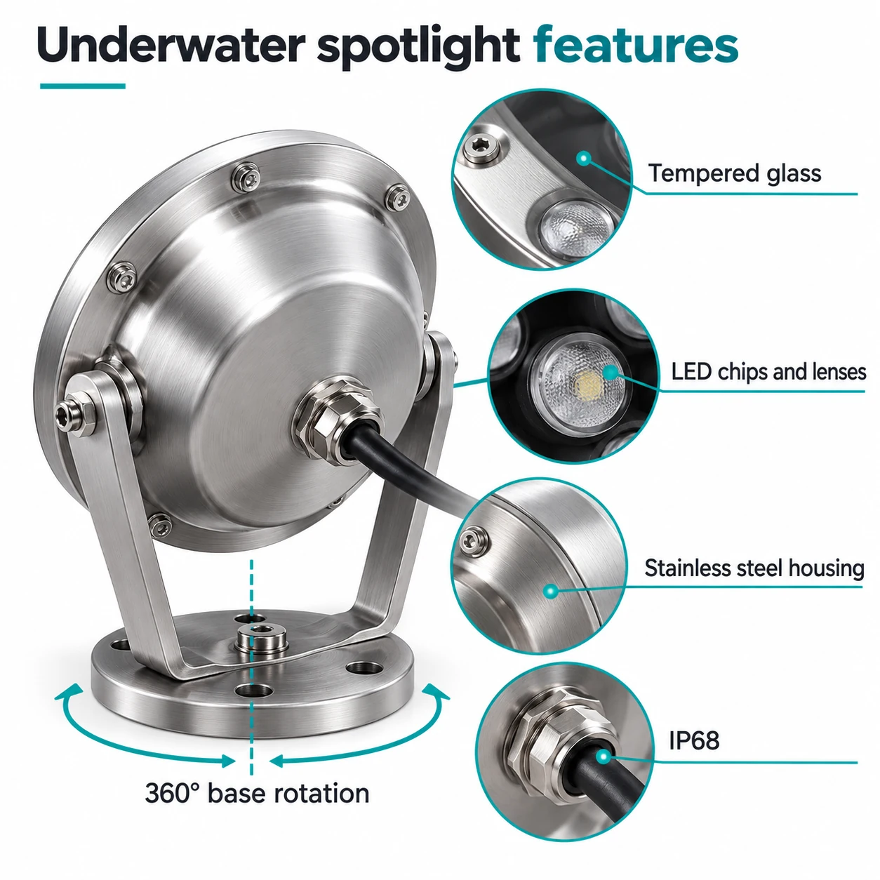 underwater spotlight housing optics and adjustment
